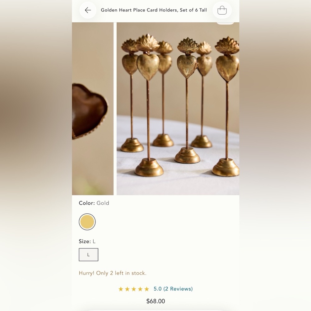 Gold Heart Place Card Holders Set- Anthropologie